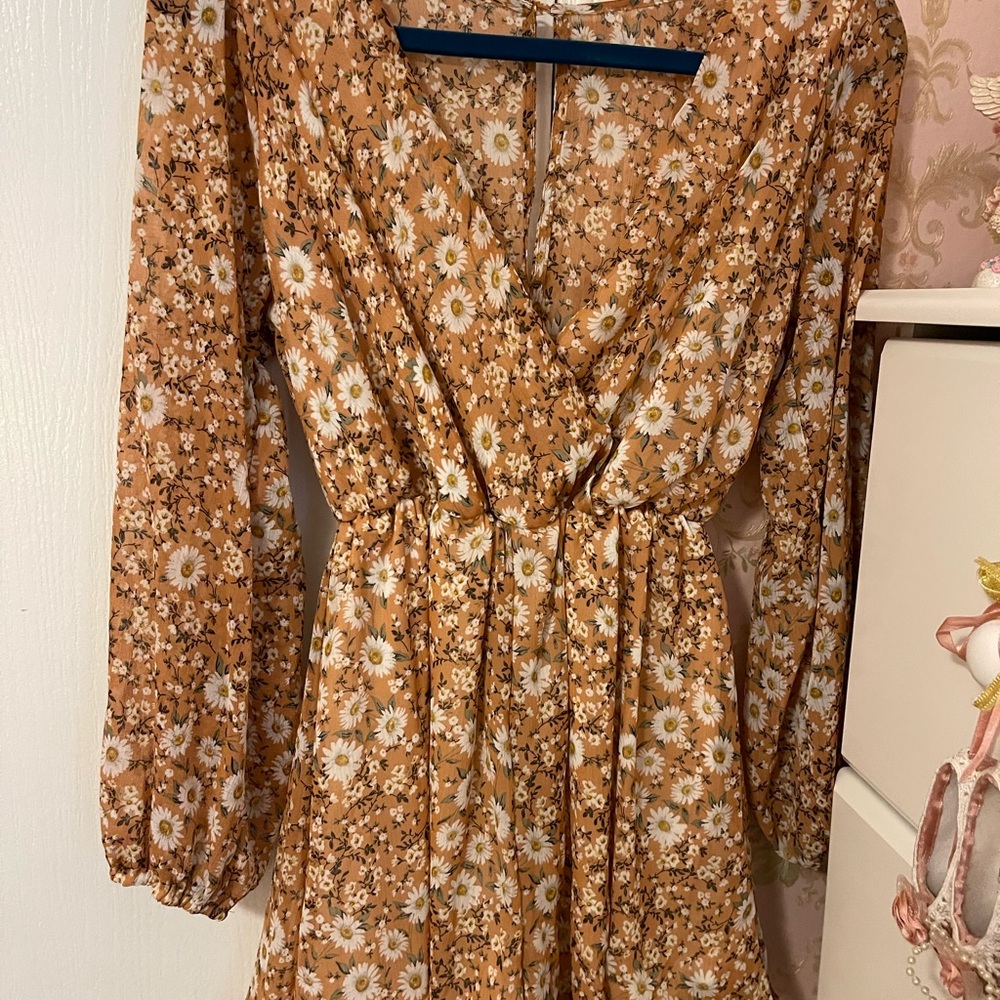 Floral Wrap Dress in Tan